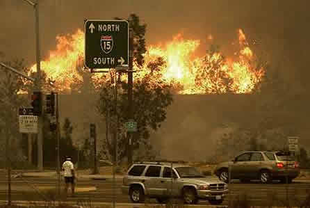 Santa Ana conditions are common in San Diego. Here, the 2003 Cedar Fire jumps Interstate 15.