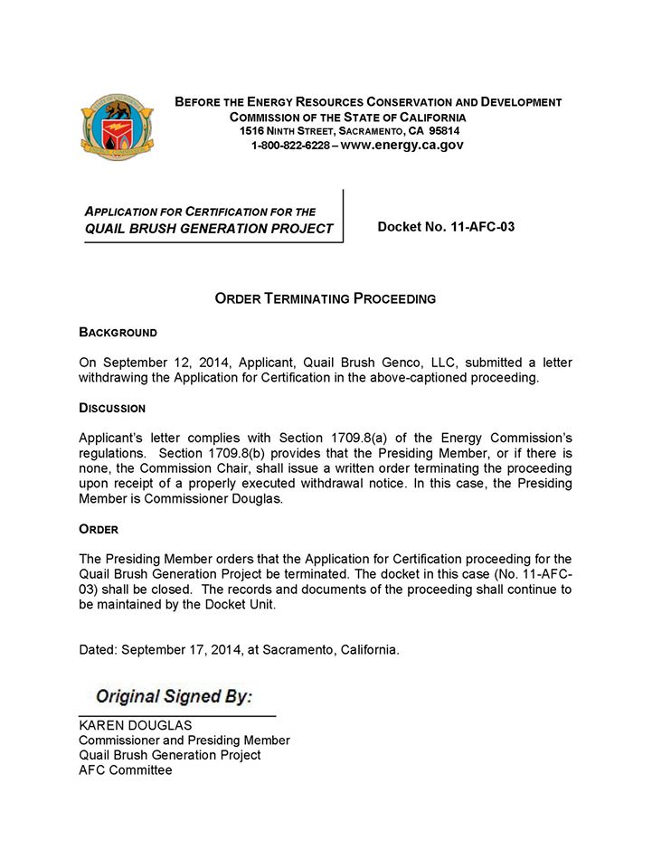 CEC Order to Terminate QB